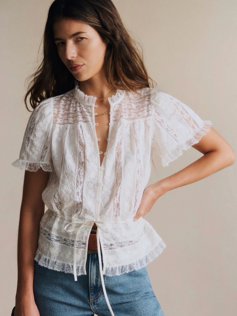 Sezane Shenali Ecru Lace Button-Up Blouse